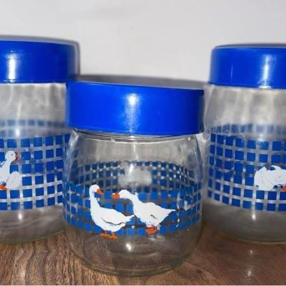 Set of Glass Jars with Blue Lids and Goose Design - Picture 1 of 2